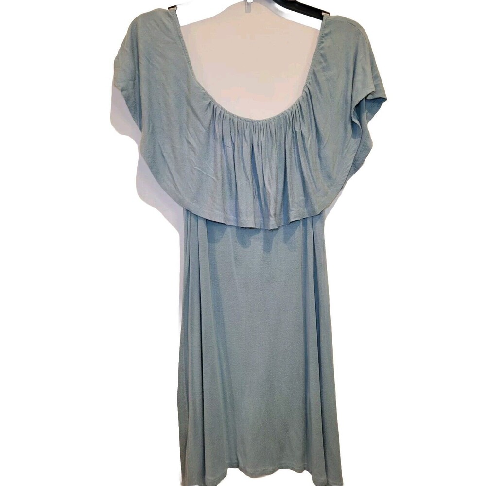 Love Chelsey Seafoam Green Casual Dress Women M Jersey Stretch Ruffle Neckline